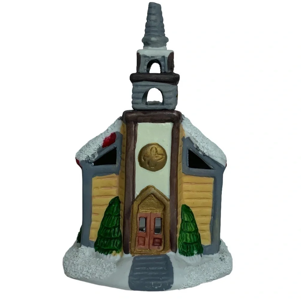 Vintage Village Church Candle Holder Tea Light Porcelain Pierced Cut Outs 3 in